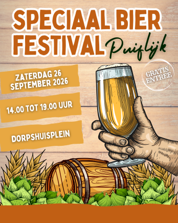 Poster van Speciaal Bier Festival Puiflijk met biervat, glas bier en hop.