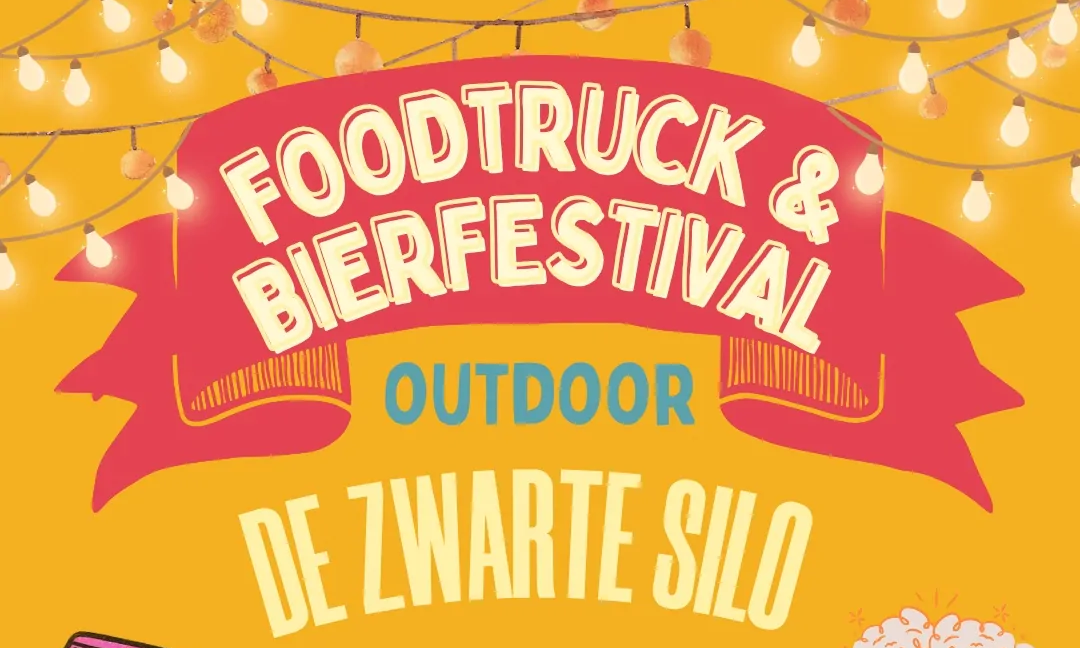 Banner foodtruck en bierfestival bij de Zwarte Silo met lichtsnoer achtergrond.