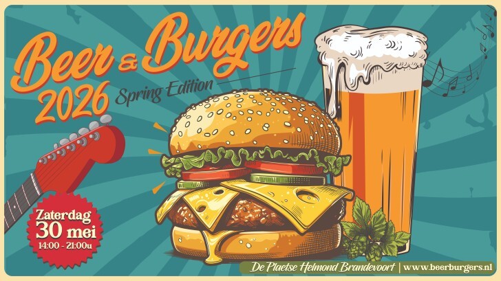 Illustratie van een hamburger en een glas bier met een gitaar op de achtergrond.