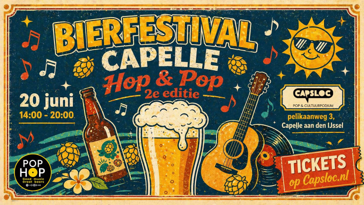 Poster van Bierfestival Capelle Hop & Pop 2026 met gitaar, bierglas en zon.