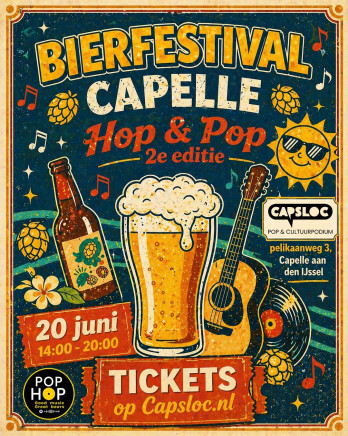 Poster van het Bierfestival Capelle Hop & Pop 2026 met bierglas en muzieknotities.