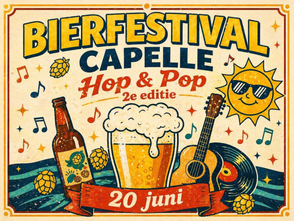Poster van Bierfestival Capelle Hop & Pop, 2e editie met gitaar, bier en zon.