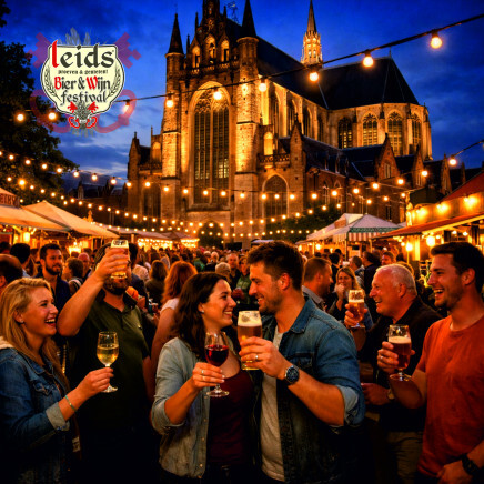 Mensen proosten met drankjes in de avond bij het Leids Bier- en Wijn Festival 2026 voor een verlichte kerk.