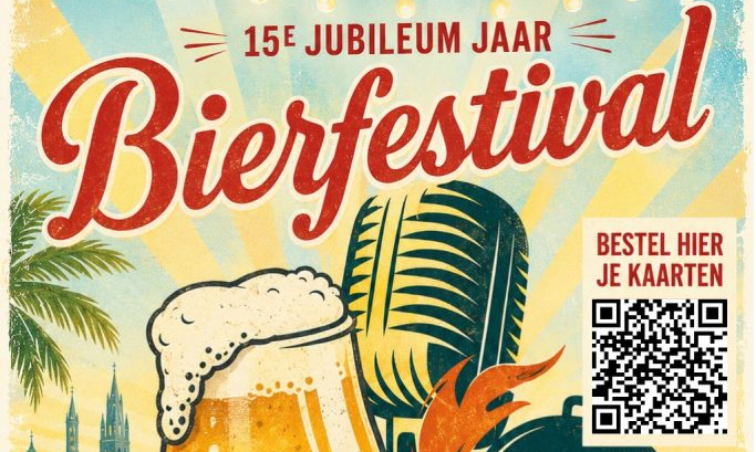 Poster voor het 15e Jubileumjaar Bierfestival De Koperen Kat met bierglas en katillustratie.