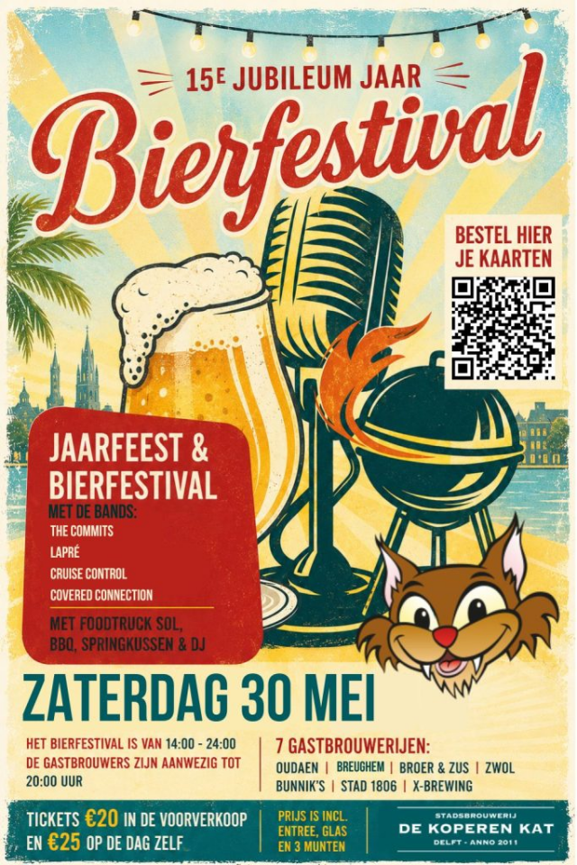Illustratie van een bierfestival met een glas bier, BBQ en muzikale elementen.