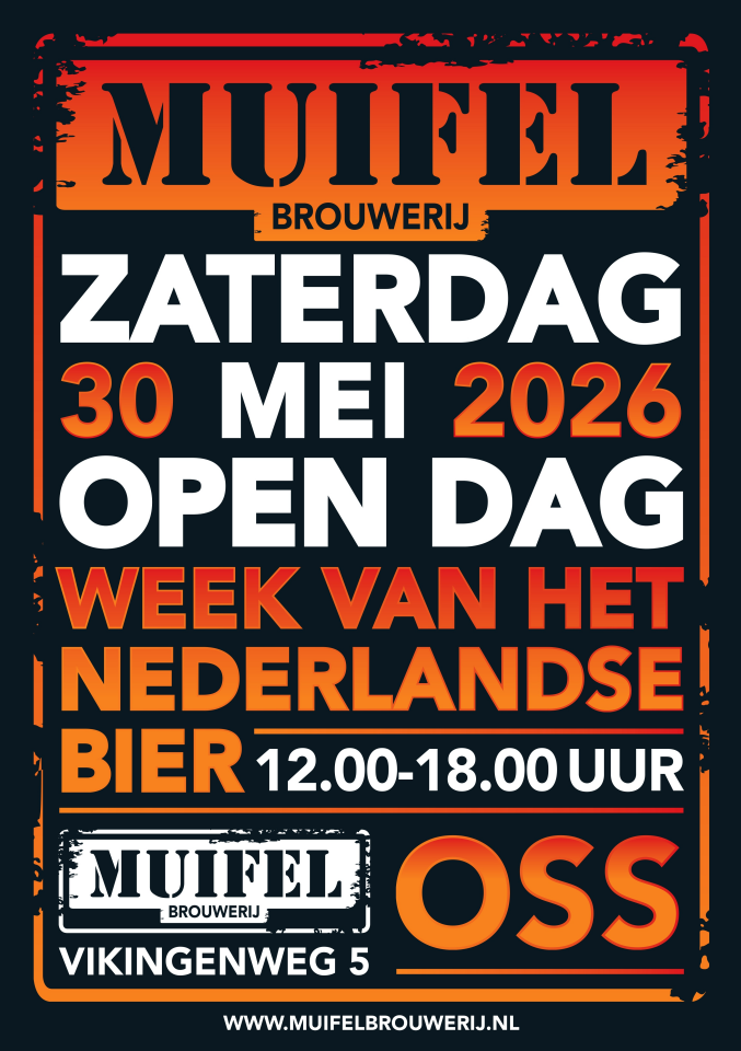 Aankondiging Muifel Brouwerij open dag op 30 mei 2026 in Oss, Nederland.