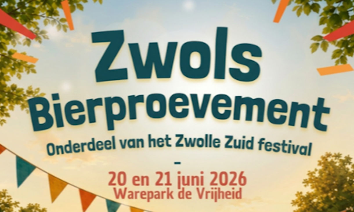 Zwols Bierproevenement aankondiging met logo's van deelnemende brouwerijen op een zonnige festivalachtergrond.