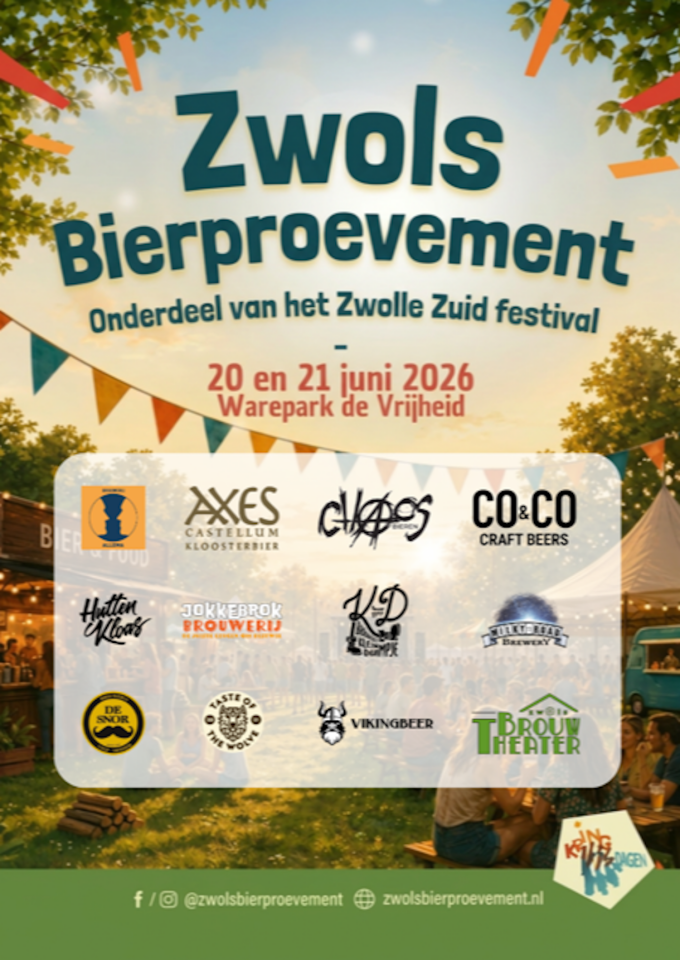 Poster van het Bier en Food Festival met datums en logo's van brouwerijen onder een feestelijk versierde lucht.
