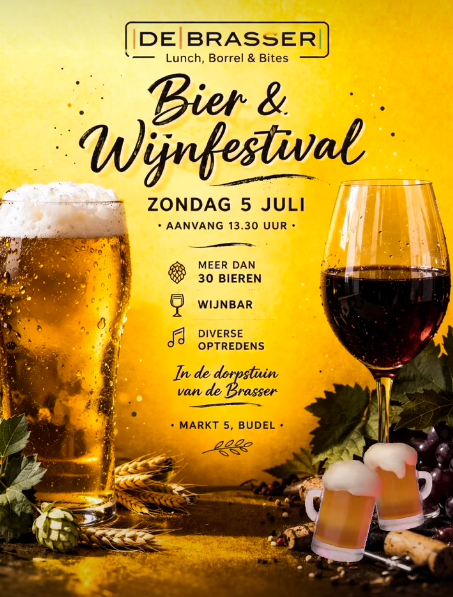 Poster van Bier en Wijnfestival met bier- en wijnglas op een tafel met hop en druiven op de achtergrond.