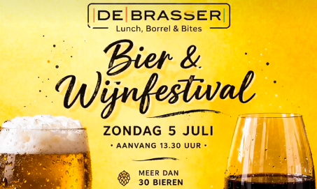 Poster van Bier en Wijnfestival met glas bier en glas wijn op een gele achtergrond met tekstinformatie.