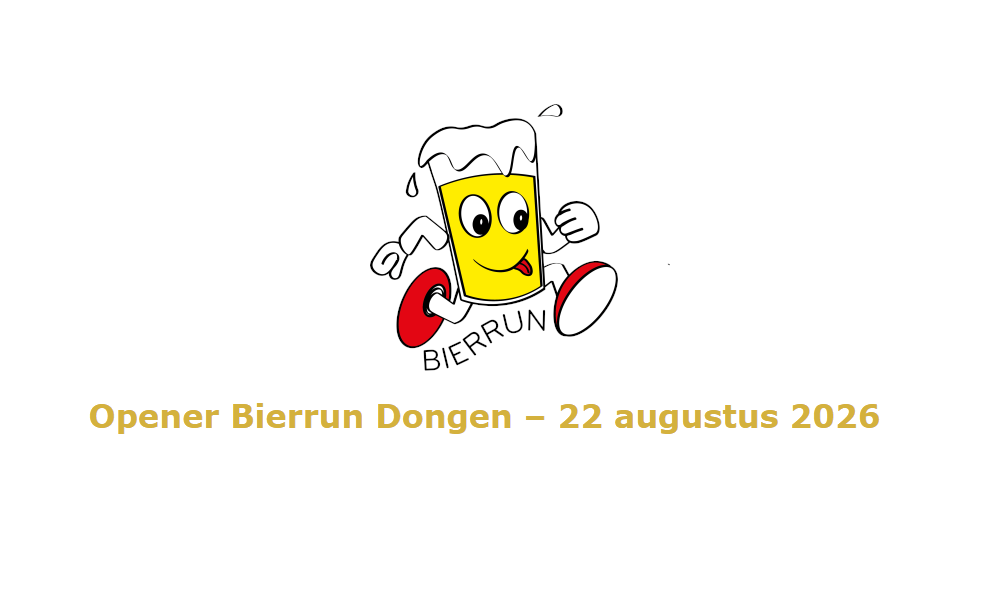 Illustratie van een vrolijk biertje met hardloopschoenen en tekst: Opener Bierrun Dongen - 22 augustus 2026.