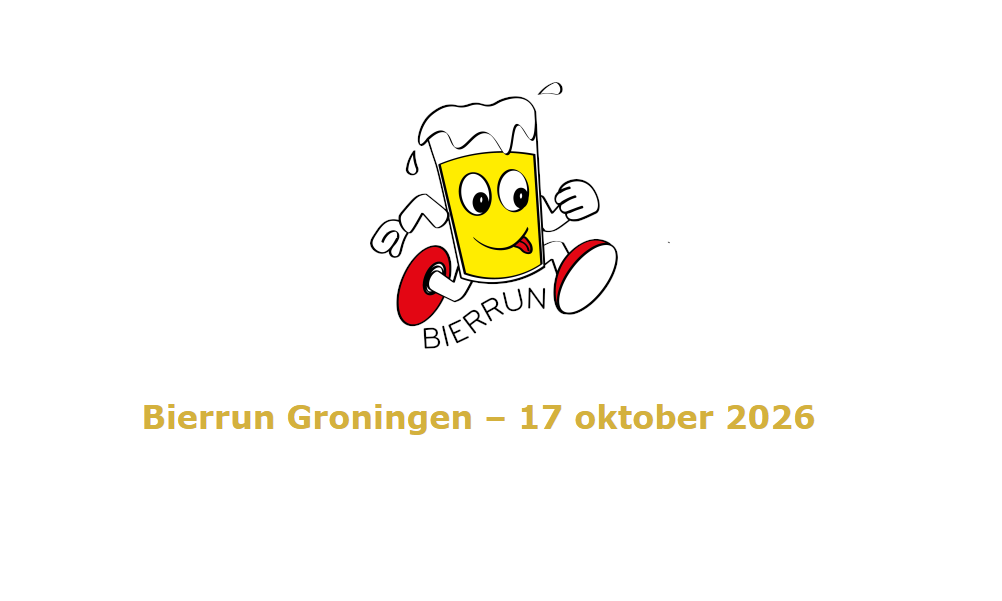 Blije cartoon bierglas met hardloopschoenen, tekst Bierrun Groningen 17 oktober 2026.