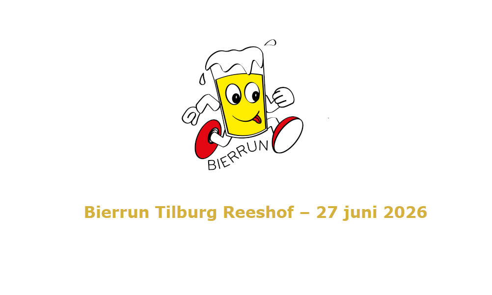 Illustratie van een lachend bierglas op schoenen met de tekst 'Bierrun Tilburg Reeshof 27 juni 2026'.