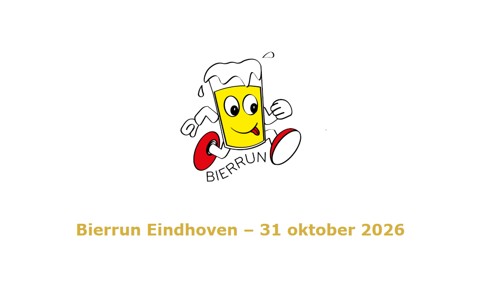 Logo van Bierrun Eindhoven 2026 met een animatie van een hardlopende bierglas.