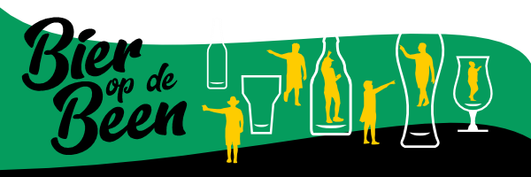 Groene achtergrond met glas- en flessenillustraties en de tekst 'Bier op de Been'.