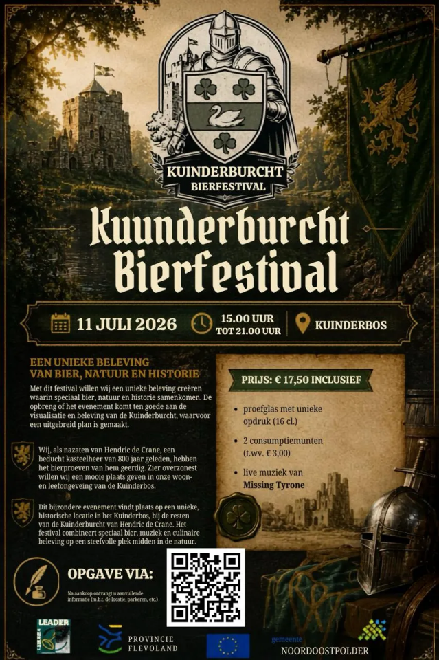 Poster van het Kuunderburcht Bierfestival 2026 in een middeleeuwse stijl met kasteel en wapenschild.
