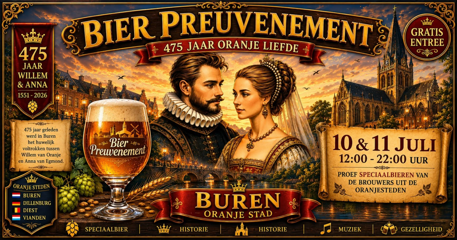 Poster voor Bier Preuvenement in Buren met historisch paar, bierglas, kerk en datum 10 & 11 juli.