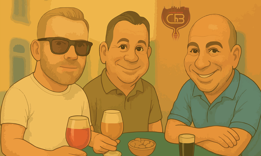 Illustratie van drie mannen aan tafel met bierglazen en borrelhapjes in warme oranje tinten.