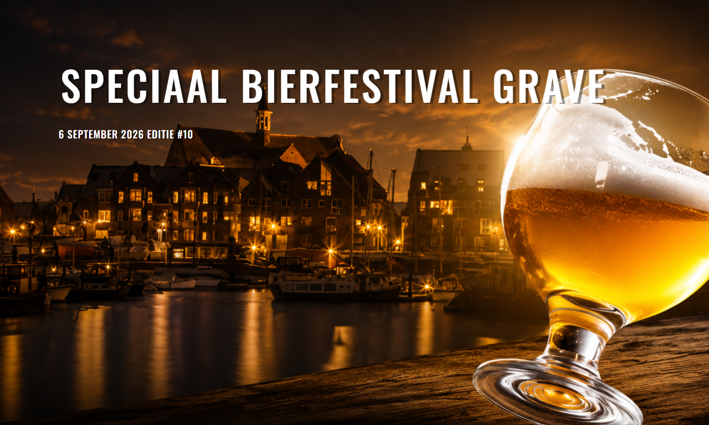 Poster voor Speciaal Bierfestival Grave 2026 met bierglas, avondhaven en stadsgezicht.