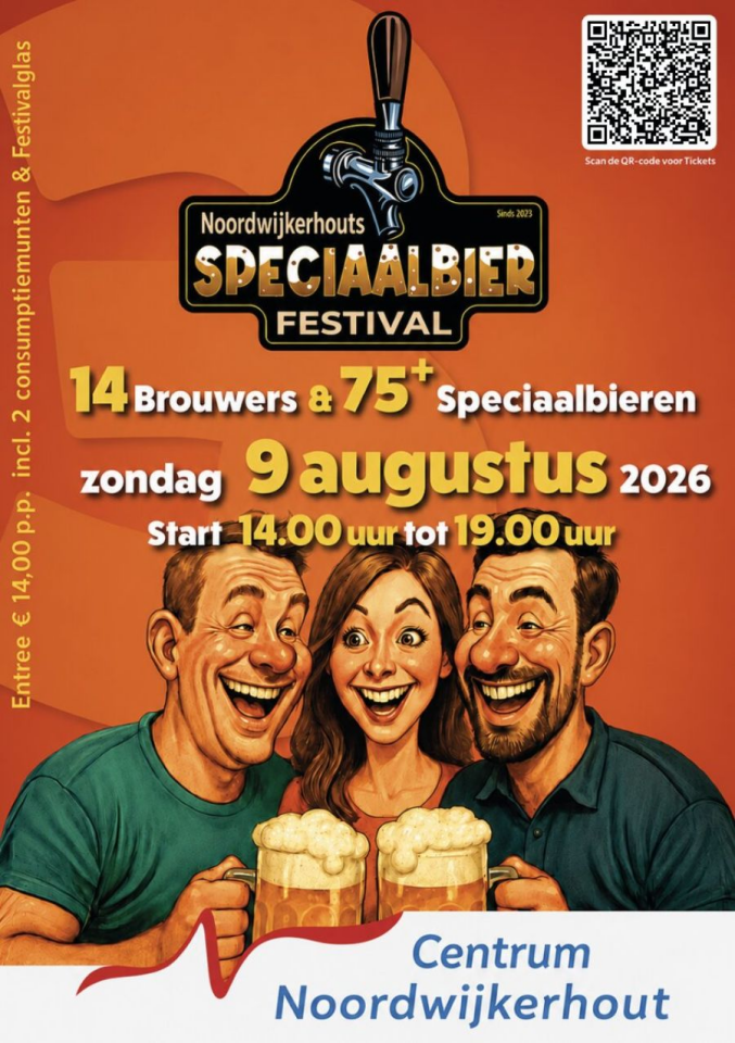 Poster voor Noordwijkerhouts Speciaalbier Festival 2026 met bierlogo, QR-code en drie lachende bierdrinkers.