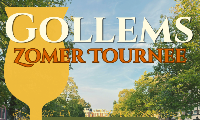 Banner voor Gollems Zomer Tournee met grote tekst, geel bierglas en zonnige gracht met bomen.