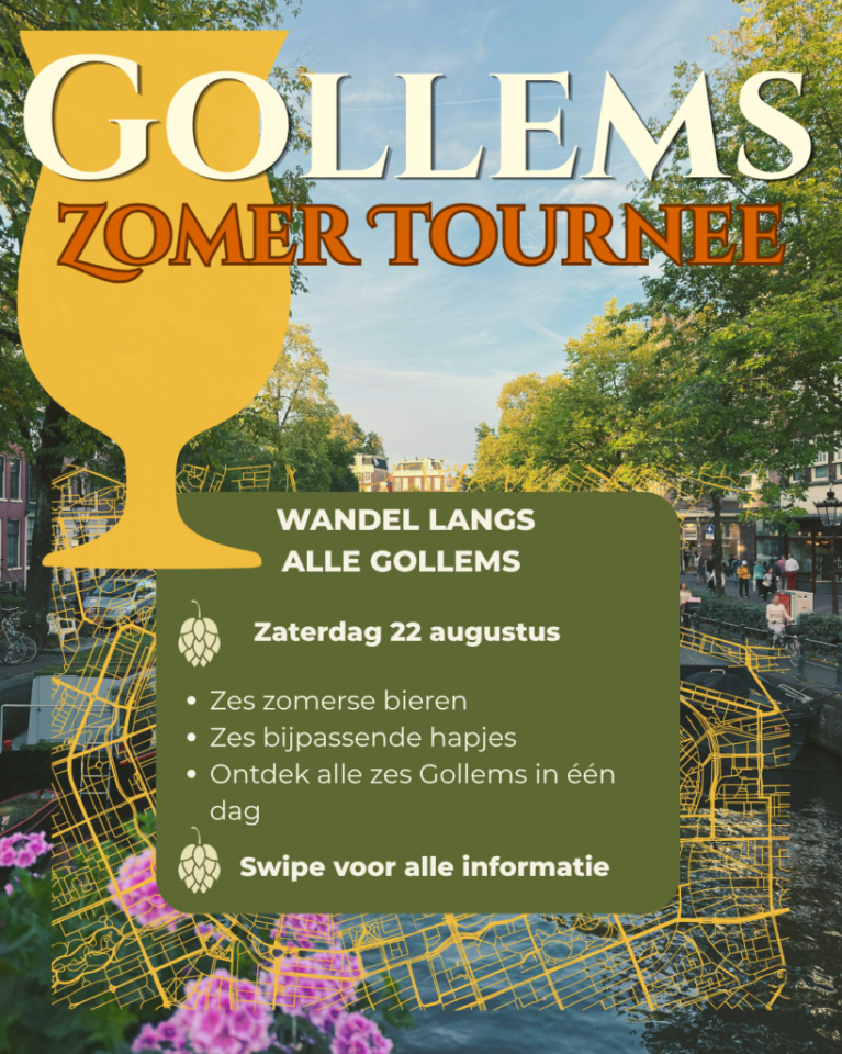 Poster voor Gollems Zomer Tournee met geel bierglas, stadskaart en info over bierwandeling op 22 augustus.