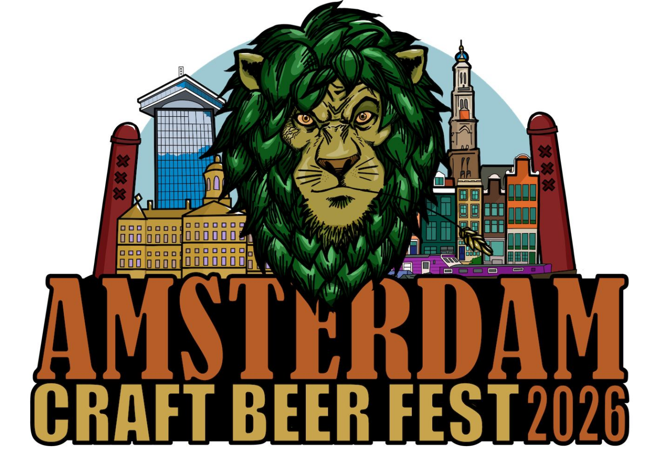 Logo van Amsterdam Craft Beer Fest 2026 met leeuwenkop, groene hopmanen en Amsterdamse skyline.