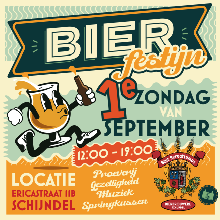 Poster voor bierfestijn in Schijndel met bierglasmascotte, datum en tijd 12:00 - 19:00.