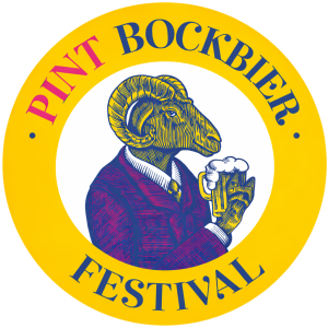 Rond logo van Pint Bockbier Festival met een bok in pak die een bierpul vasthoudt.