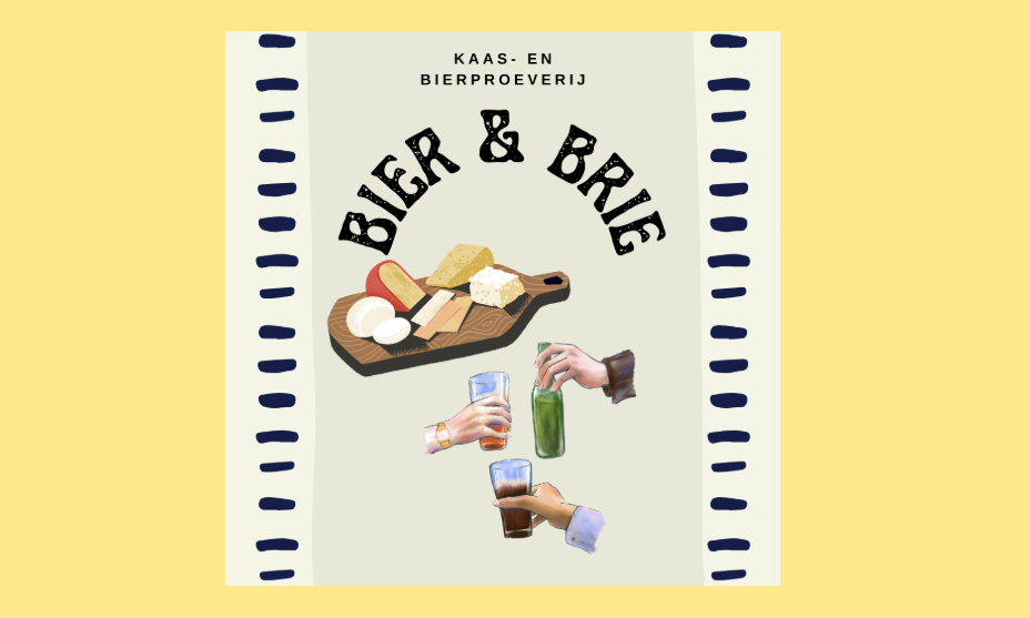 Illustratieve poster voor Bier & Brie met kaasplank, bierglazen en groene fles op gele achtergrond.