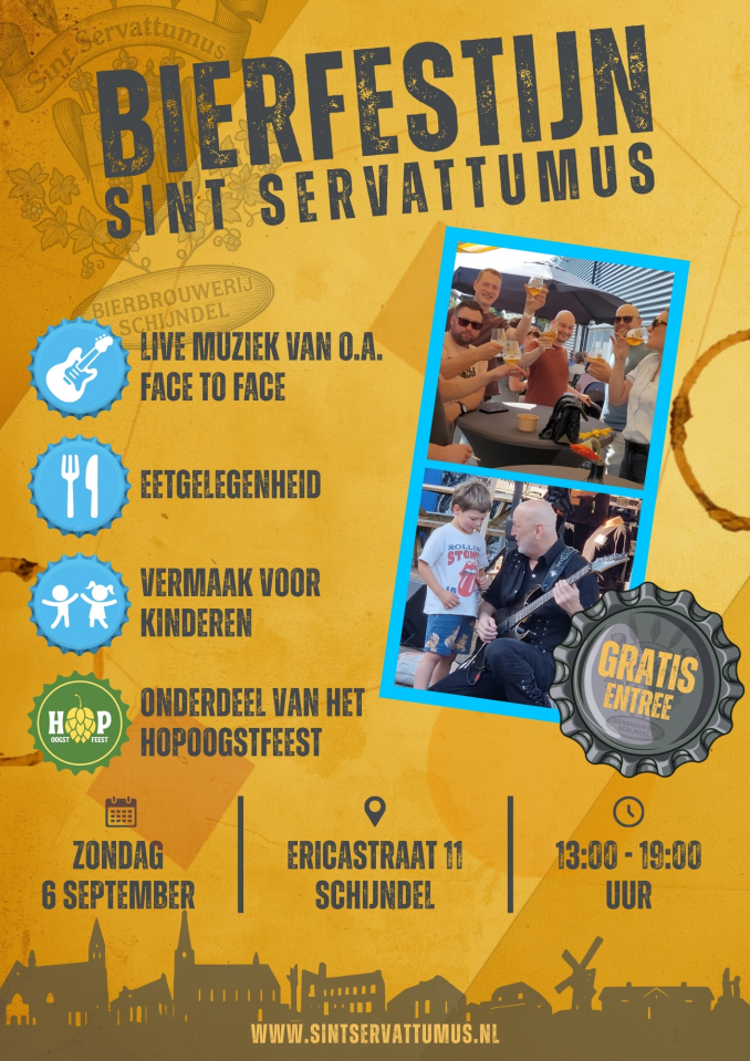 Evenementposter voor Bierfestijn Sint Servattumus met foto's, iconen, datum, locatie en gratis entree.