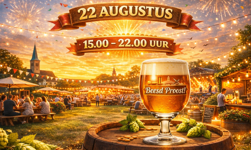 Feestelijke Beesd Proost!-poster met bierglas, datum 22 augustus, lichtslingers, dorpsplein en vuurwerk.