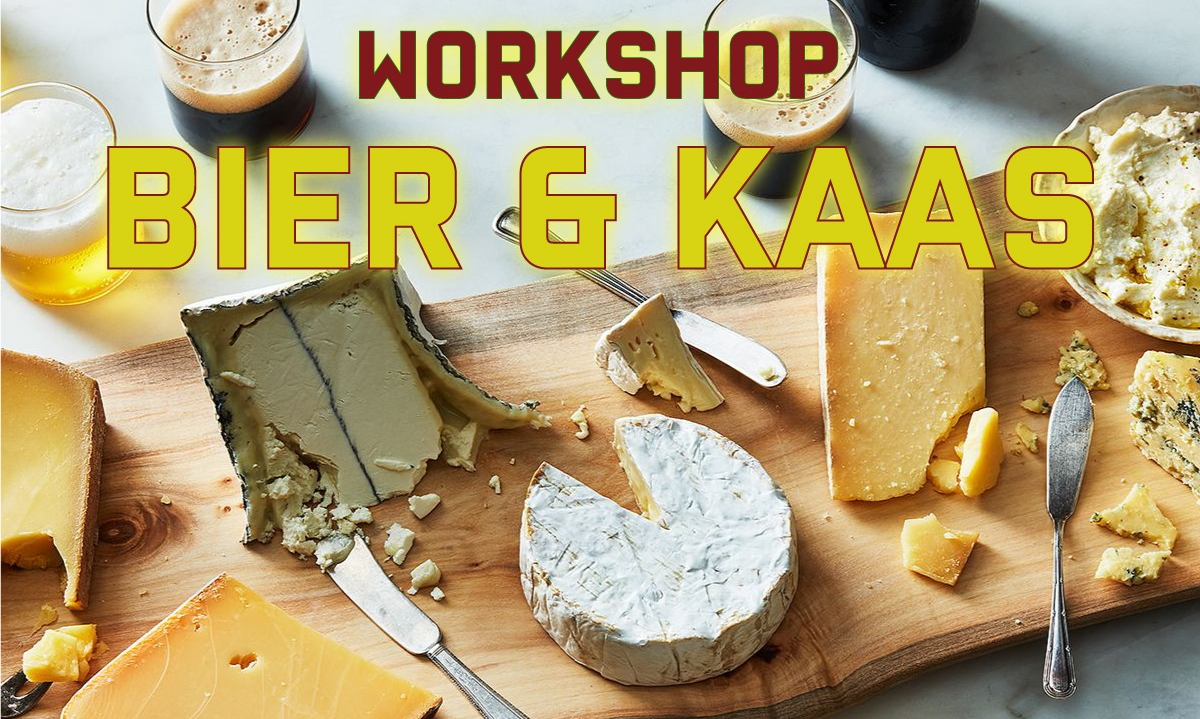 Kaasplank met verschillende kazen, bierglazen en tekst voor workshop bier & kaas bij Opener en Kaasland.