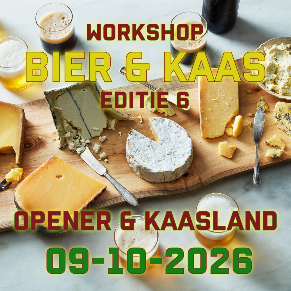 Kaasplank met glazen bier en tekst voor workshop Bier & Kaas editie 6 op 09-10-2026.
