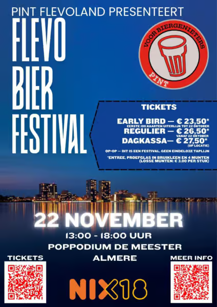 Poster voor Flevo Bier Festival 2026 in Almere met skyline, ticketprijzen, datum en QR-codes.