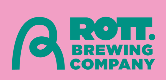 Turquoise logo van Rott. Brewing Company op een roze achtergrond.