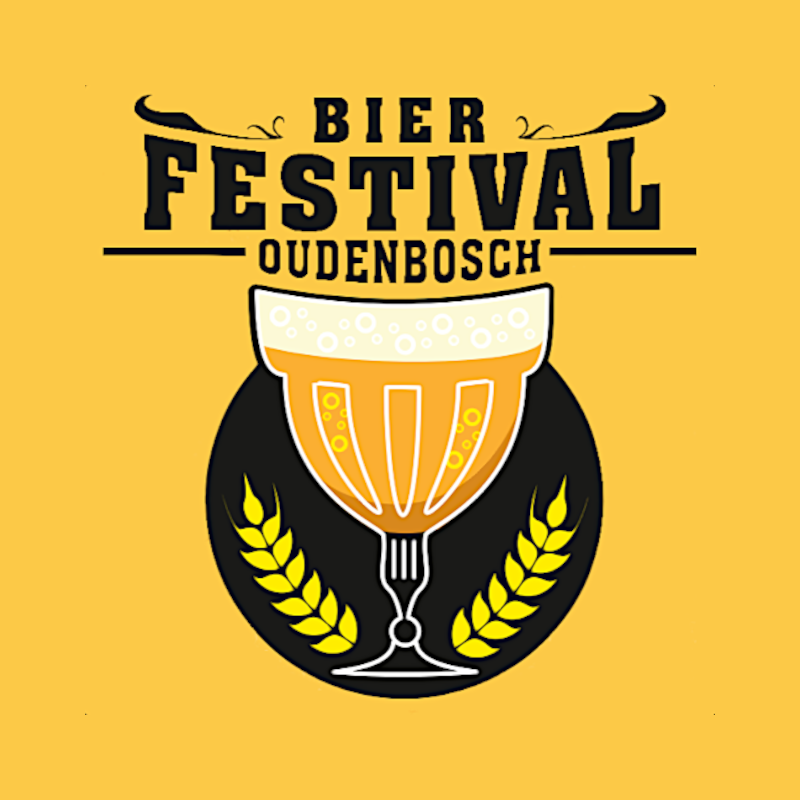 Logo van Bierfestival Oudenbosch met bierglas, schuim en gele graanaren op een gele achtergrond.