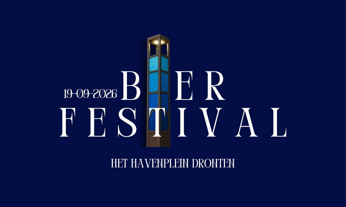 Logo voor Bierfestival Dronten 2026 met datum, Havenplein en torenicoon op donkerblauwe achtergrond.