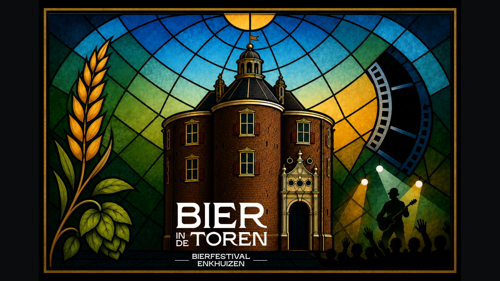 Illustratie van Bier in de Toren met historische toren, graan, hop en concertpubliek in glas-in-loodstijl.