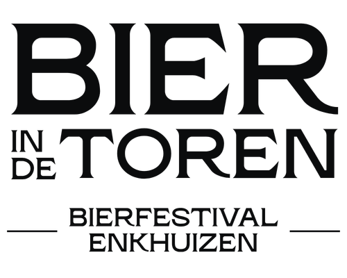 Donker logo van Bier in de Toren met tekst Bierfestival Enkhuizen en horizontale lijnen.