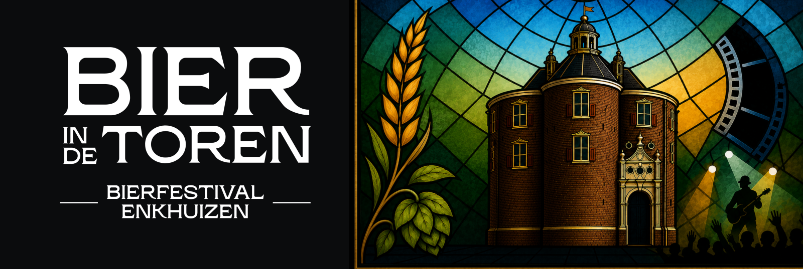 Logo van Bier in de Toren naast glas-in-loodillustratie van Drommedaris, hop, graan en podiumlicht.