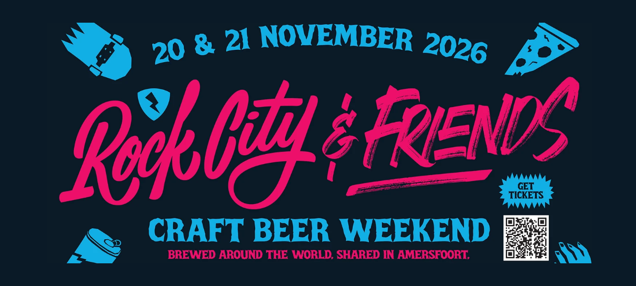 Poster voor Rock City & Friends craft beer weekend op 20 en 21 november 2026 met QR-code en biericonen.