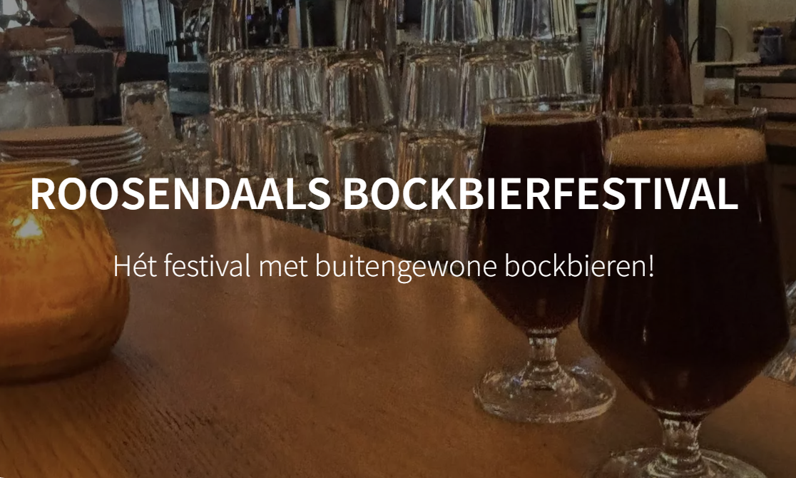 Twee donkere bockbieren op een bar met glaswerk en tekst van Roosendaals Bockbierfestival.