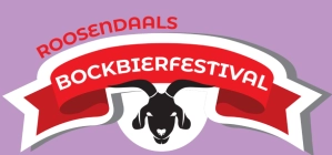 Logo van Roosendaals Bockbierfestival met rode banner en gestileerde bok op paarse achtergrond.