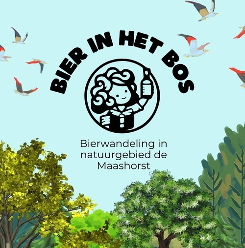 Illustratieposter Bier in het Bos met logo, vogels en bomen voor bierwandeling in de Maashorst