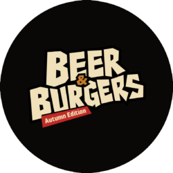 Rond logo met tekst 'Beer & Burgers Autumn Edition' op zwarte achtergrond