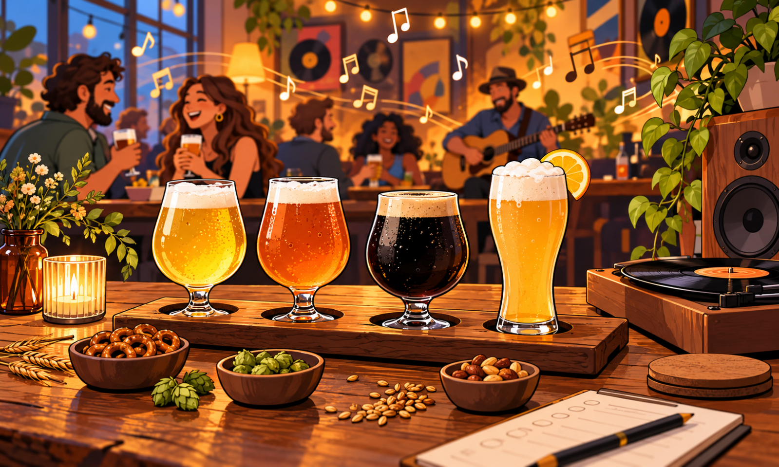 Vier verschillende bierglazen op een houten bar met snacks en een gezellige live-muzieksfeer op de achtergrond.