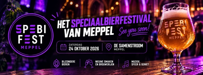 Promotiebanner voor Speciaalbierfestival Spebifest met logo en glas bier in paars verlichte zaal