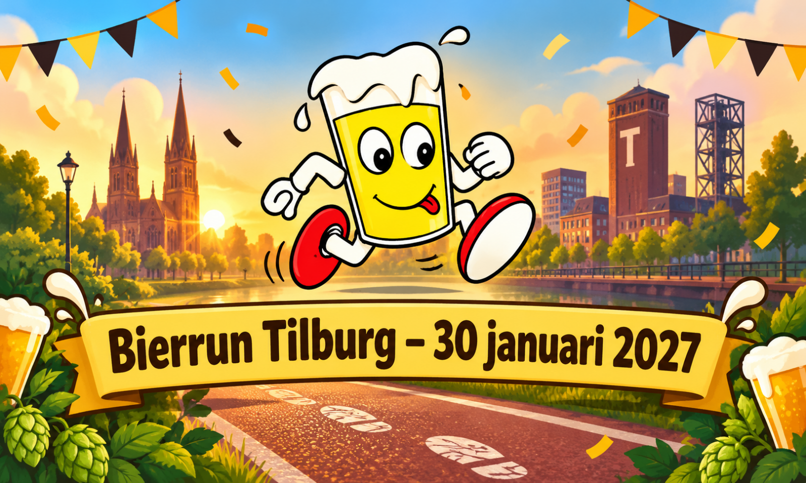 Cartooneske rennend biertje voor Tilburgse skyline en pad met tekstbanner