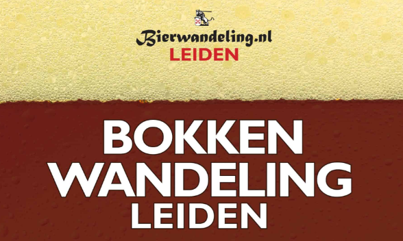 Affiche met tekst 'Bokkenwandeling Leiden' in witte letters op bruin en geel achtergrond met logo bovenaan